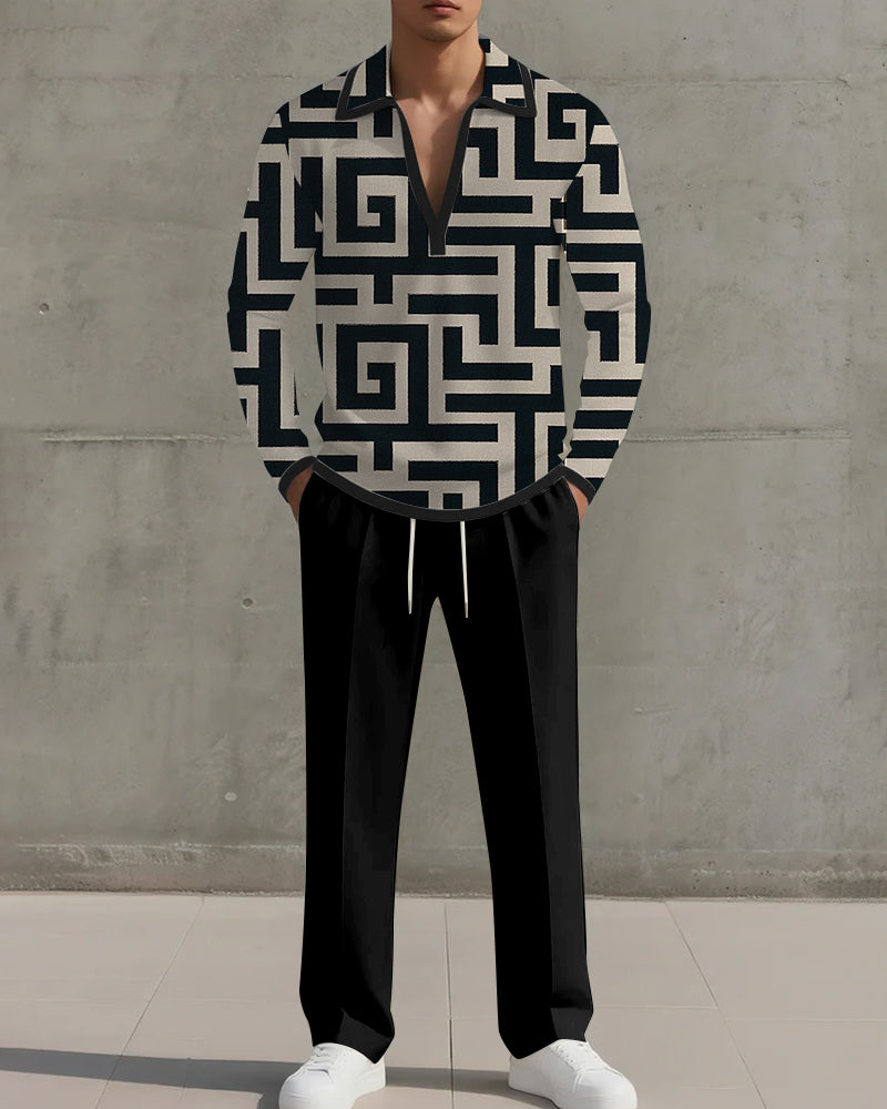 Big & Tall Black Geometric Striped Two-piece Set for big men view 1