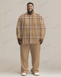 Big & Tall Khaki Plaid T-Shirt Pants Set for big men view 1