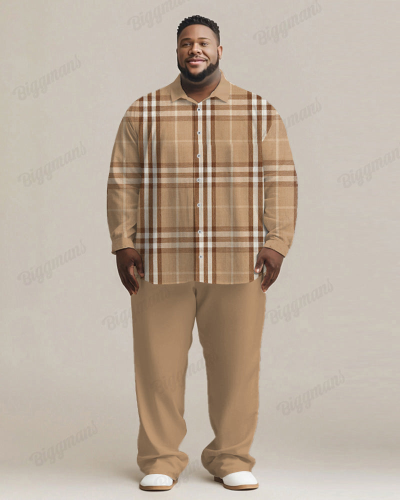 Big & Tall Khaki Plaid T-Shirt Pants Set for big men view 1