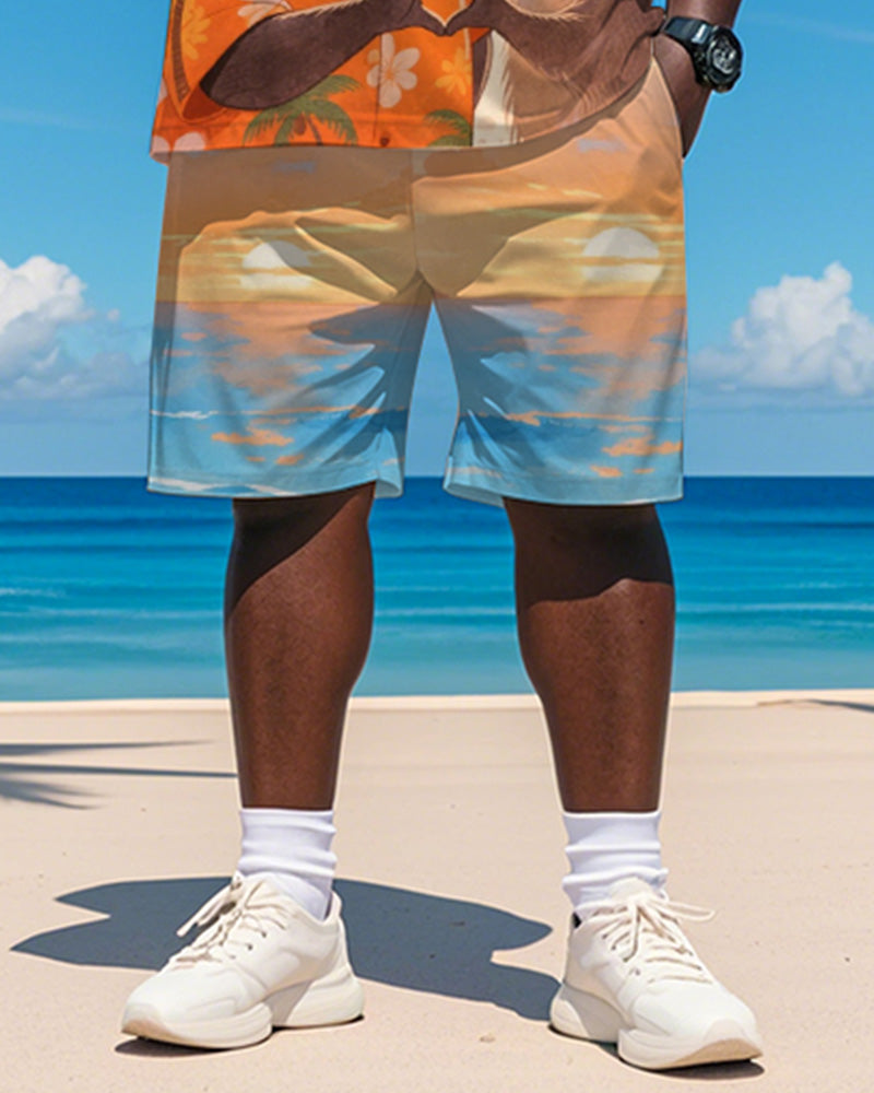 Big & Tall Orange Hawaiian Graphic T-Shirt Shorts Set for big men view 4