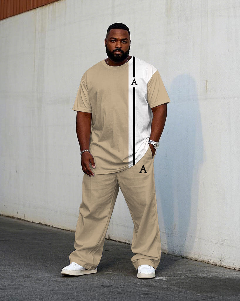 Big & Tall White Khaki Colorblock T-Shirt Pants Set for big men view 1