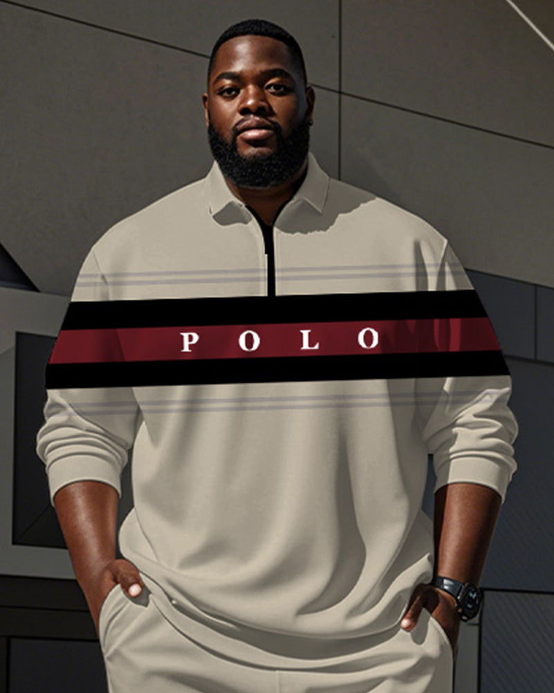 Big & Tall Khaki Striped Graphic Polo Pants Set for big men view 2