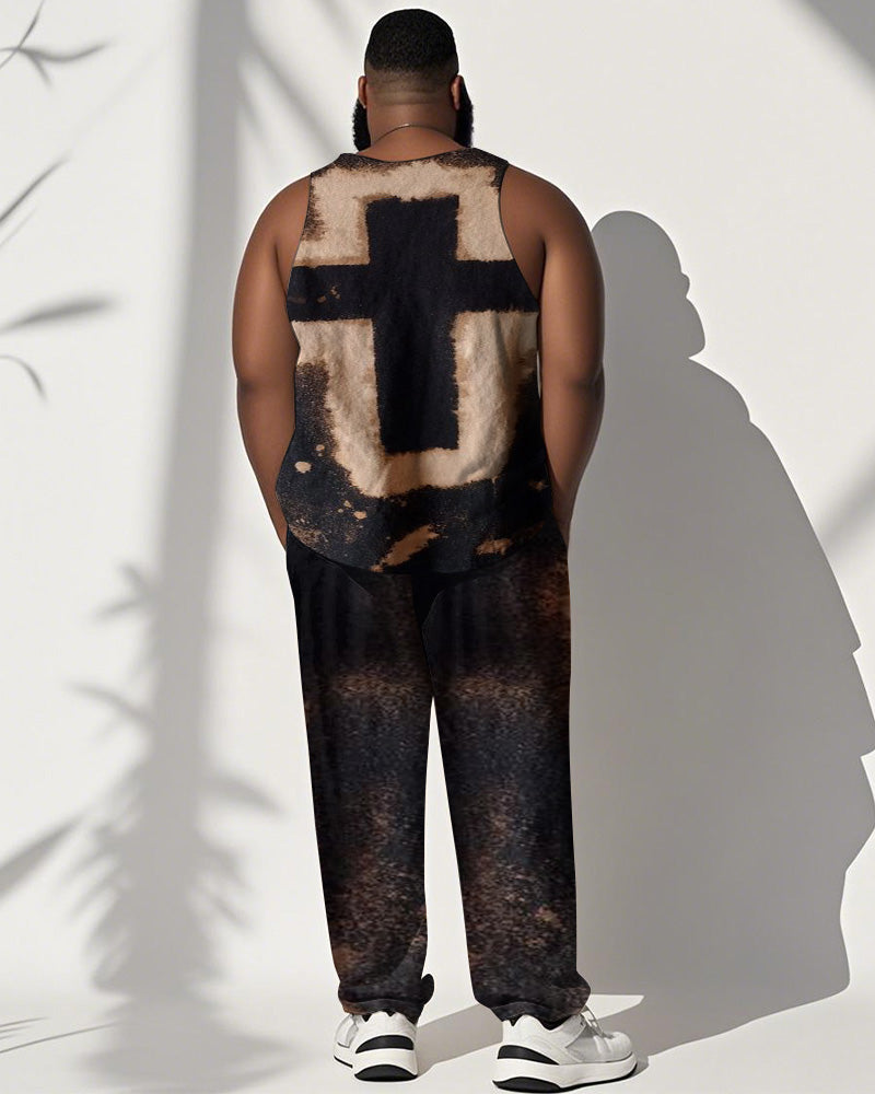 Big & Tall Brown Graphic Streetwear Vest Pants Set for big men view 4