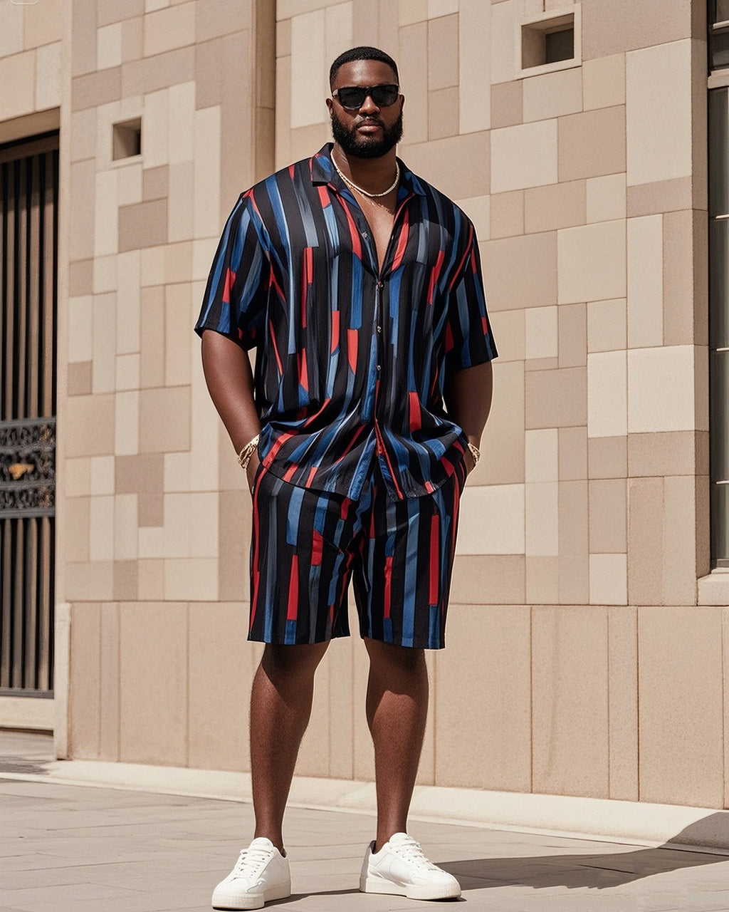 Big & Tall Black Blue Colorblock T-Shirt Shorts Set for big men view 1