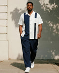 Big & Tall Blue Colorblock Striped T-Shirt Pants Set for big men view 1