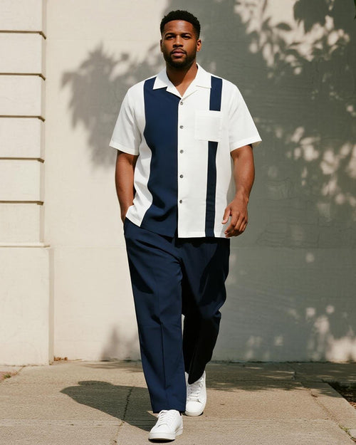 Big & Tall Blue Colorblock Striped T-Shirt Pants Set for big men view 1