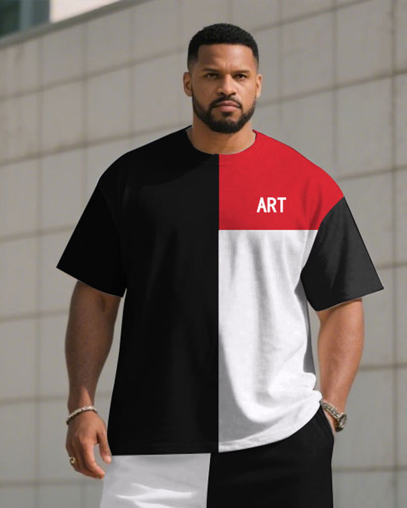 Big & Tall Black White Colorblock T-Shirt Shorts Set for big men view 2