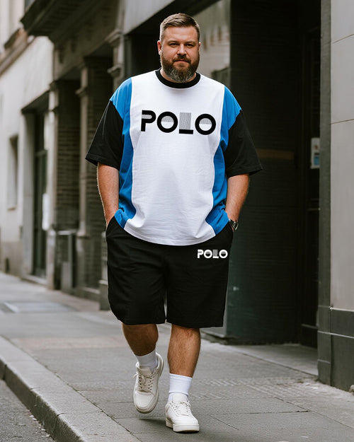 Big & Tall Black Blue Colorblock T-Shirt Shorts Set for big men view 1