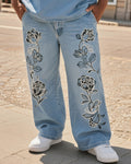 Big & Tall Black Denim Floral Jeans for big men