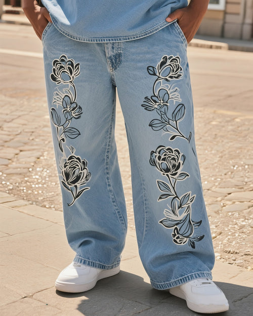 Big & Tall Black Denim Floral Jeans for big men
