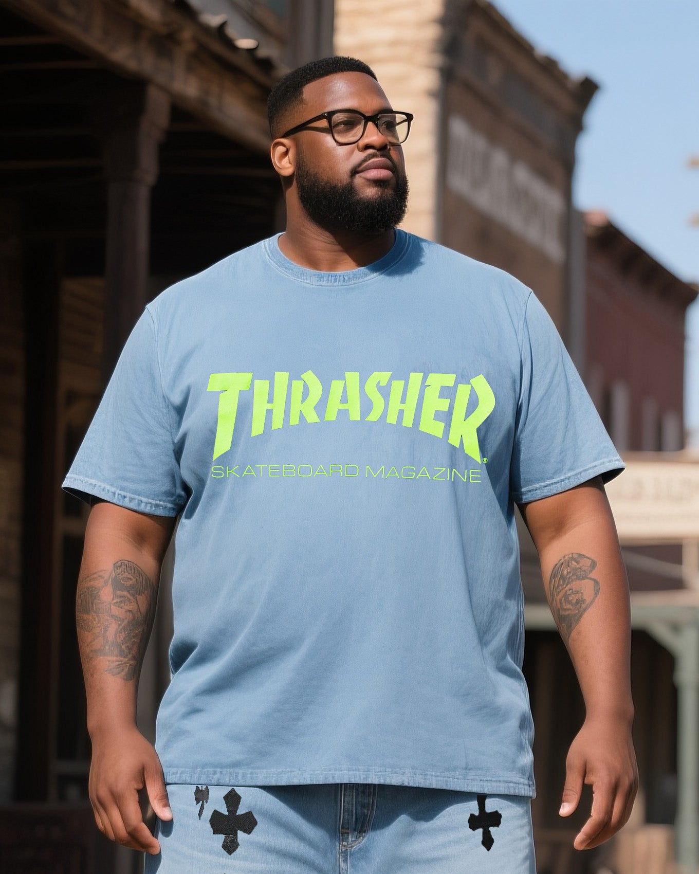Big & Tall Denim Graphic T-Shirt Shorts Set for big men view 2