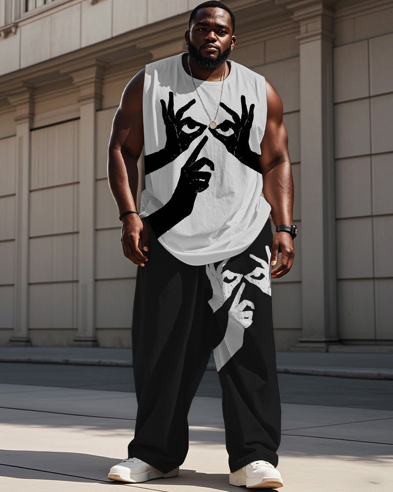 Big & Tall Black White Graphic Vest Pants Set for big men view 1
