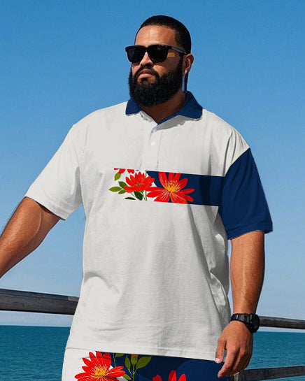 Big & Tall Striped Floral Polo Shorts Set for big men view 2