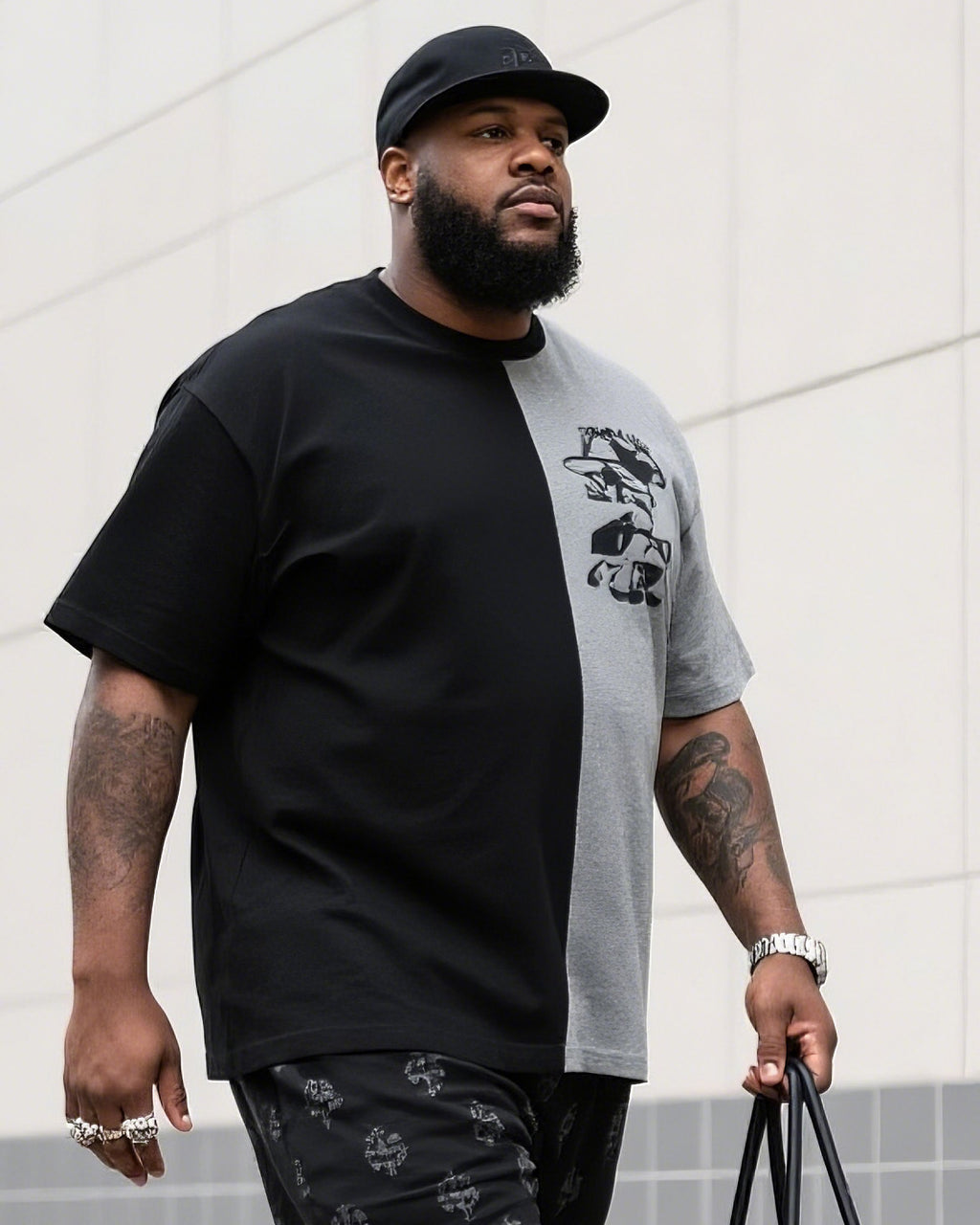 Big & Tall Black White Colorblock Two-piece Set for big men view 2
