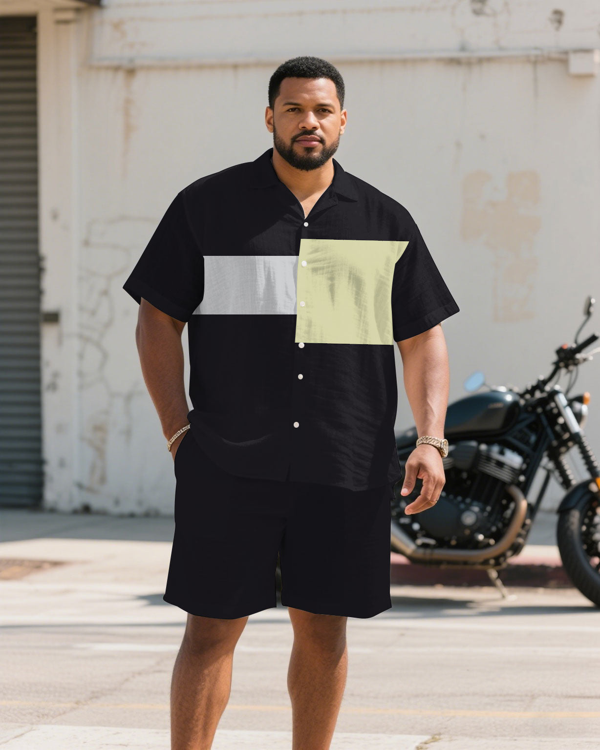 Big & Tall Black Gray Colorblock T-Shirt Shorts Set for big men view 4