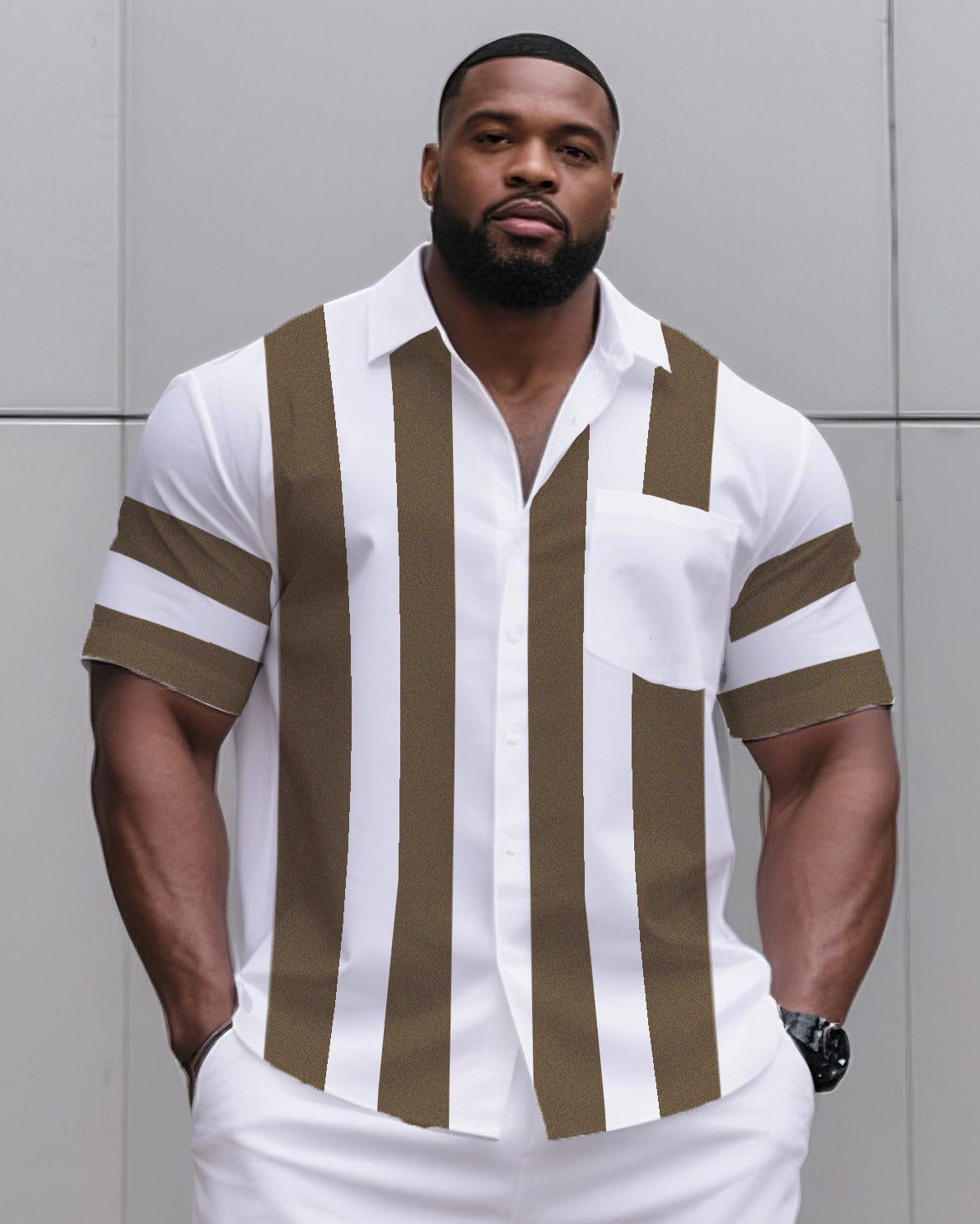 Big & Tall Khaki Striped T-Shirt Shorts Set for big men view 2