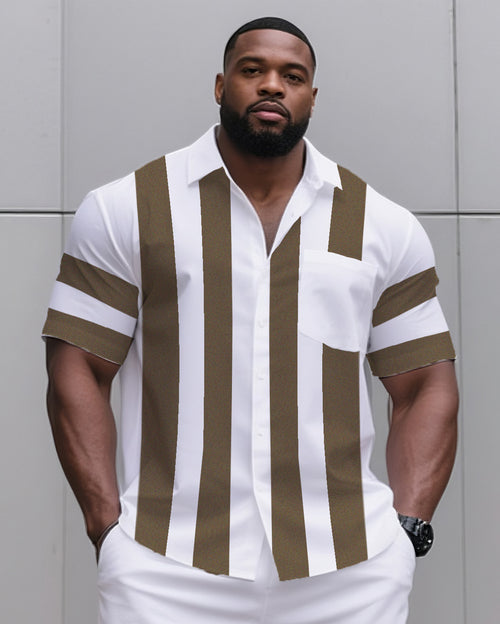 Big & Tall Khaki Striped T-Shirt Shorts Set for big men view 2