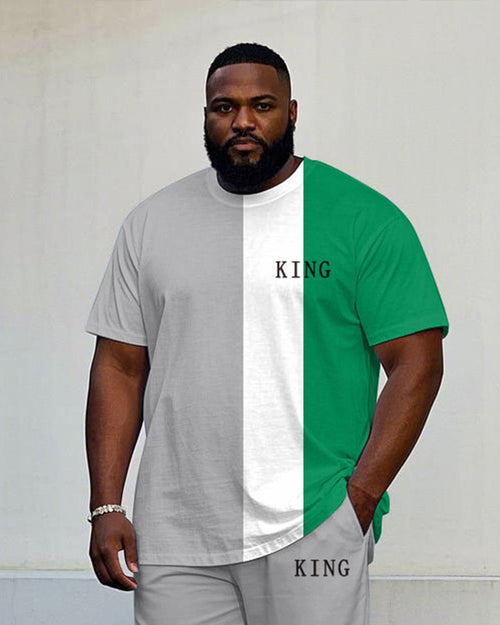 Big & Tall White Green Colorblock T-Shirt Pants Set for big men view 2