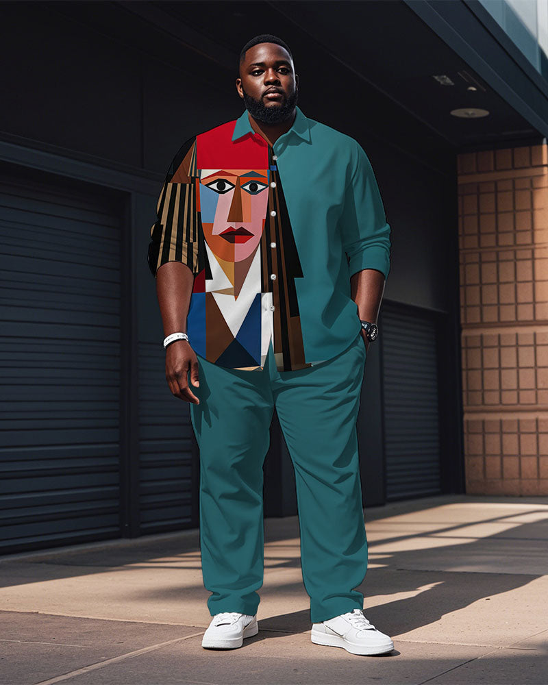Big & Tall Blue Green Colorblock T-Shirt Pants Set for big men view 1