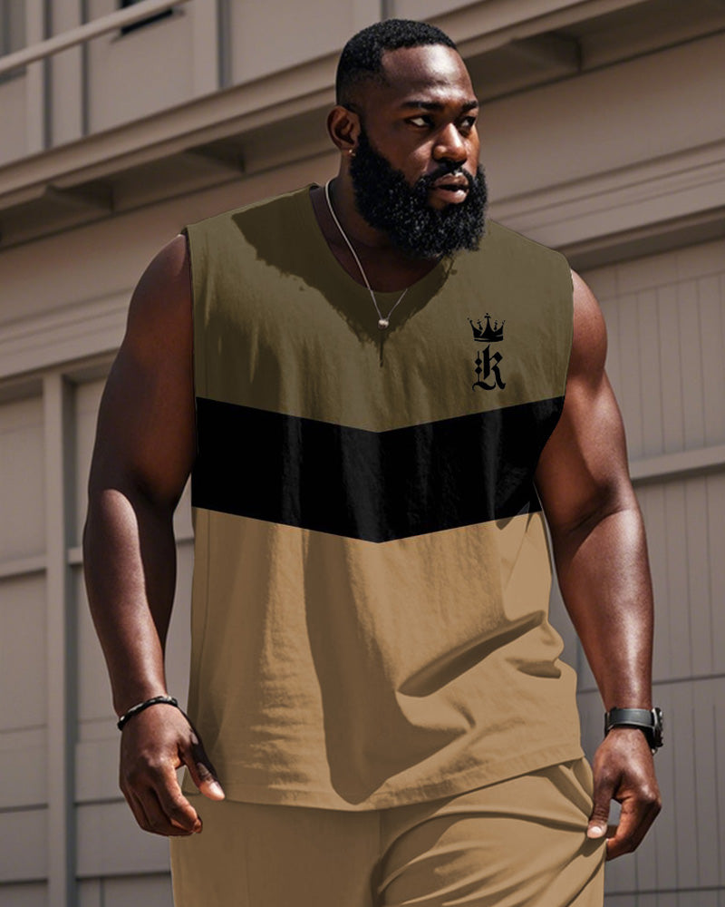 Big & Tall Khaki Colorblock Geometric Vest Pants Set for big men view 2