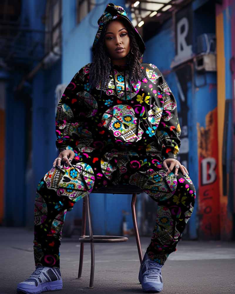 Big & Tall Graffiti Skull Hoodie Sweatpants Set for big men view 1