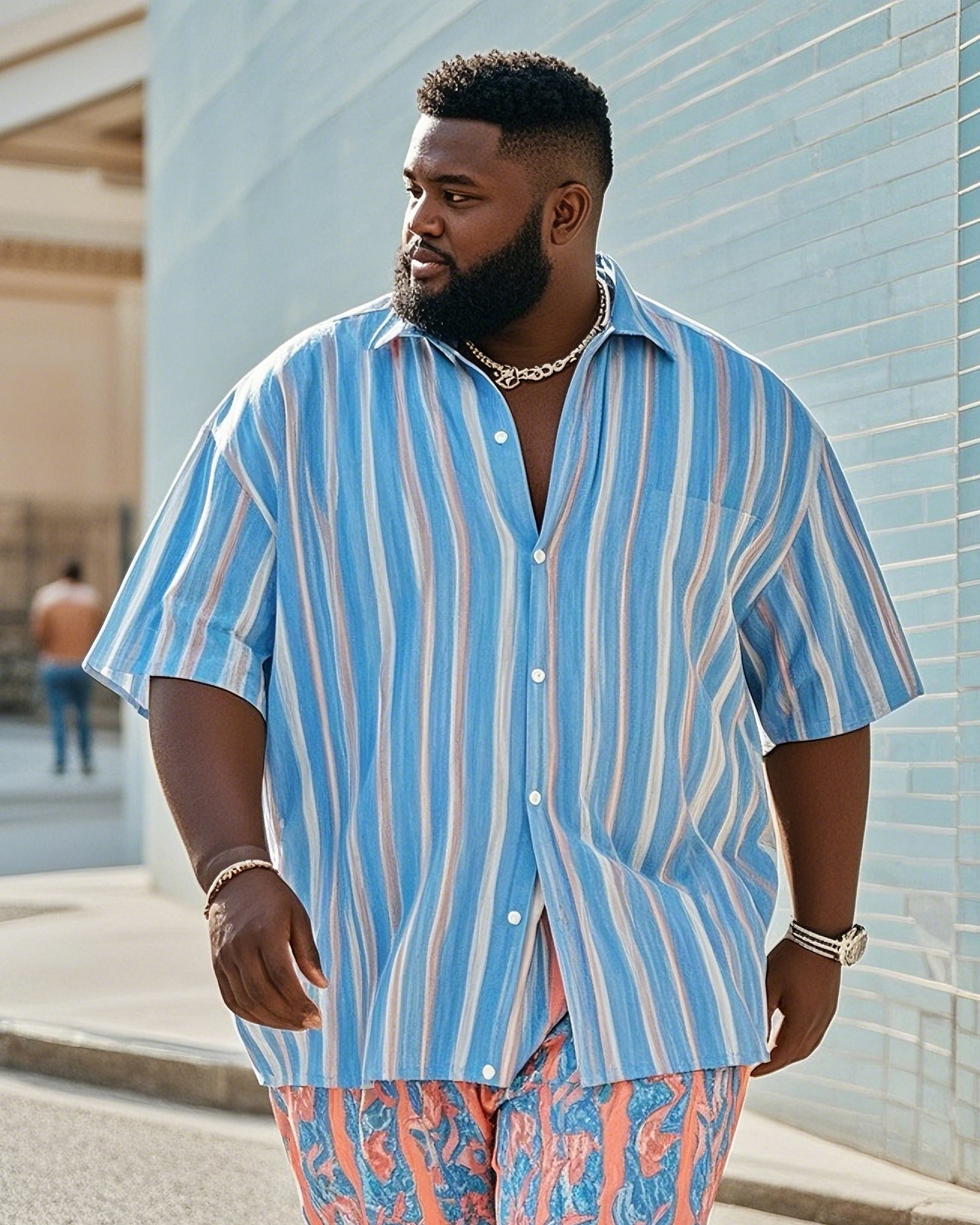 Big & Tall Colorblock Striped Short Sleeve Shirt for big men