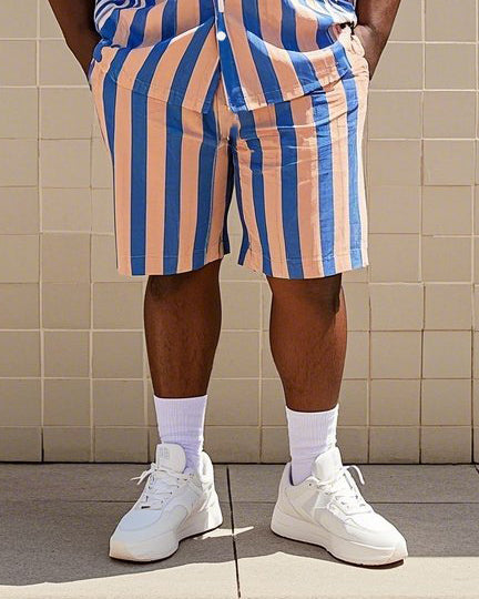 Big & Tall Blue Pink Colorblock T-Shirt Shorts Set for big men view 3