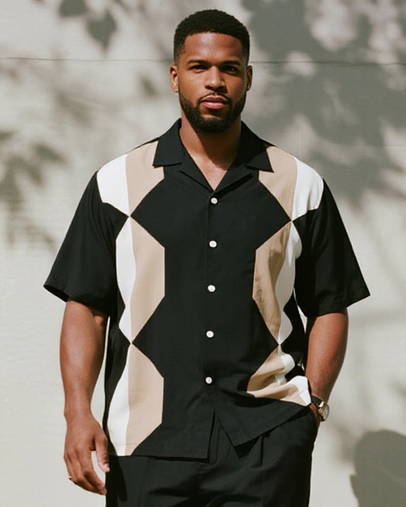 Big & Tall Black Geometric T-Shirt Pants Set for big men view 2