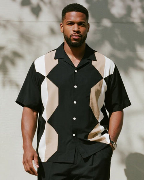 Big & Tall Black Geometric T-Shirt Pants Set for big men view 2