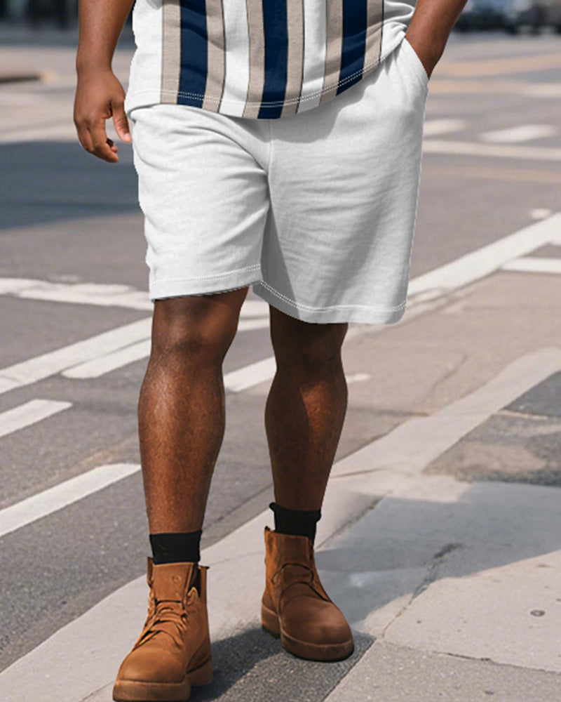 Big & Tall White Blue Striped Polo Shorts Set for big men view 4