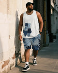 Big & Tall Blue Denim Graphic Tank Top for big men view 1