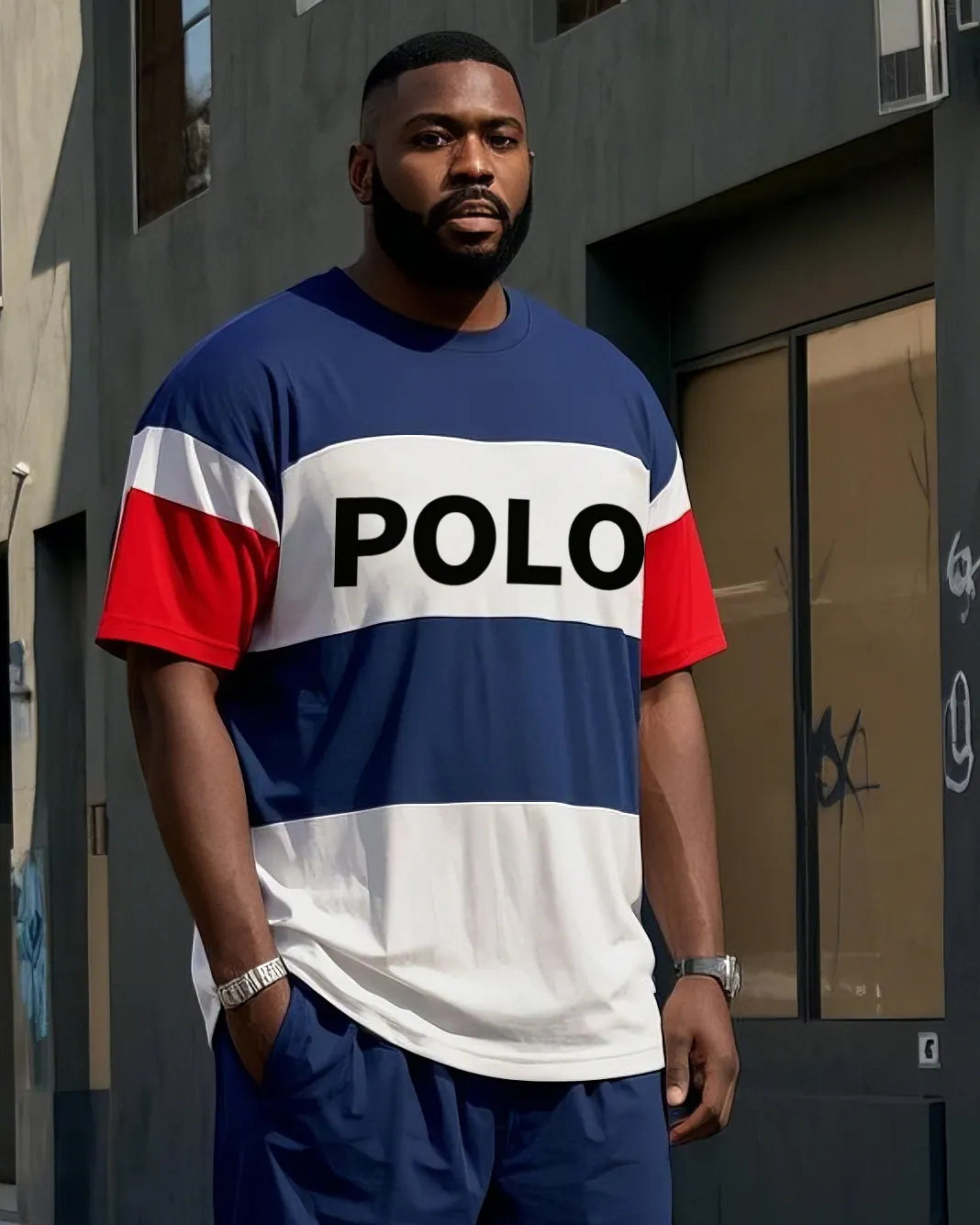 Big & Tall Black Blue Striped T-Shirt Pants Set for big men view 2