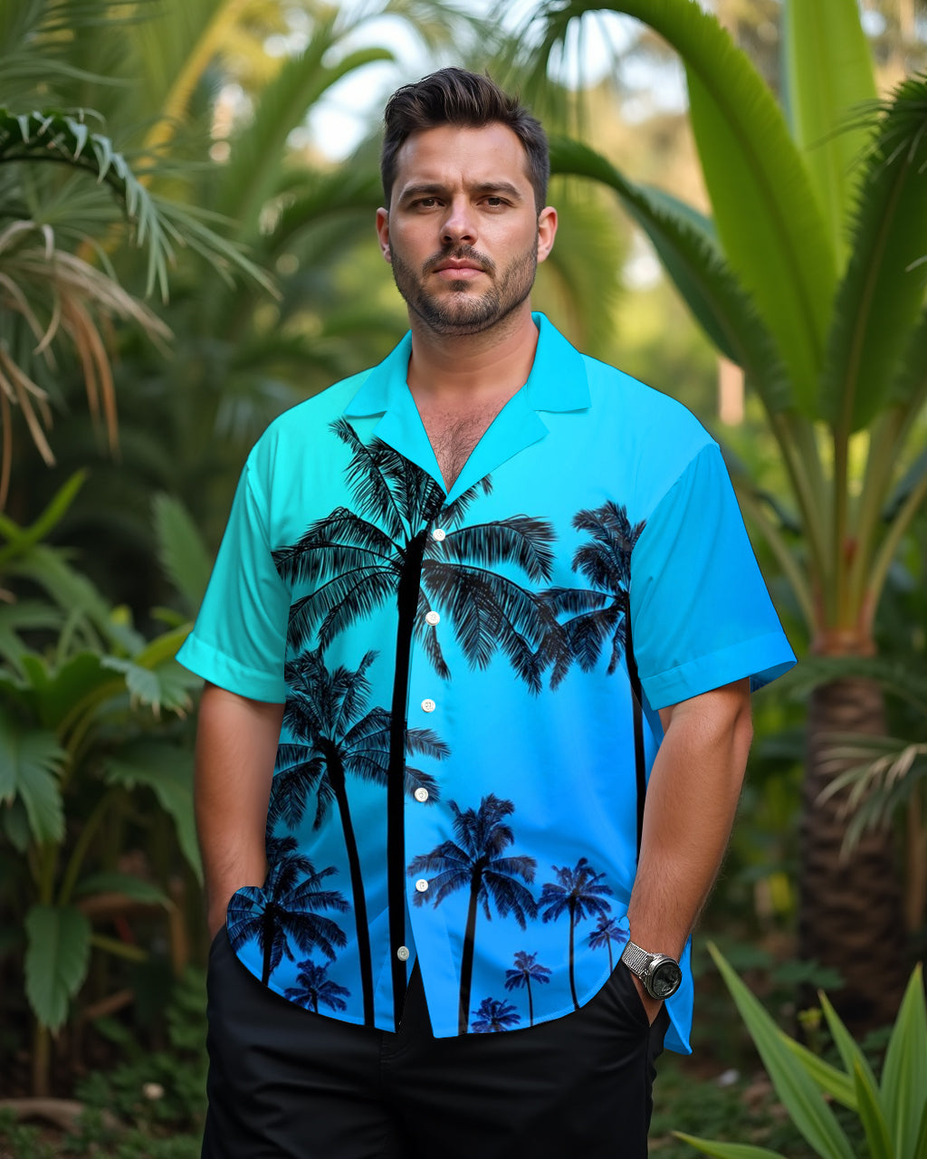 Big & Tall Brown Blue Hawaiian Short Sleeve Shirt for big men view 1