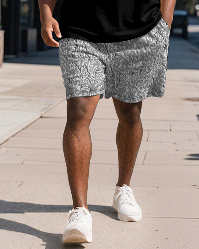 Big & Tall Black Patchwork Polo Shorts Set for big men view 4