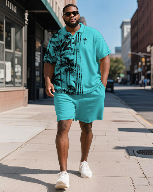 Big & Tall Hawaiian Striped Graphic Polo Shorts Set for big men view 1