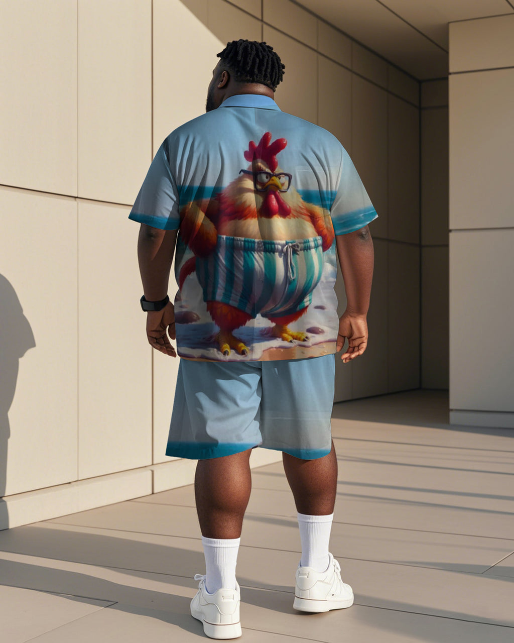 Big & Tall Blue Graphic Streetwear T-Shirt Shorts Set for big men view 4