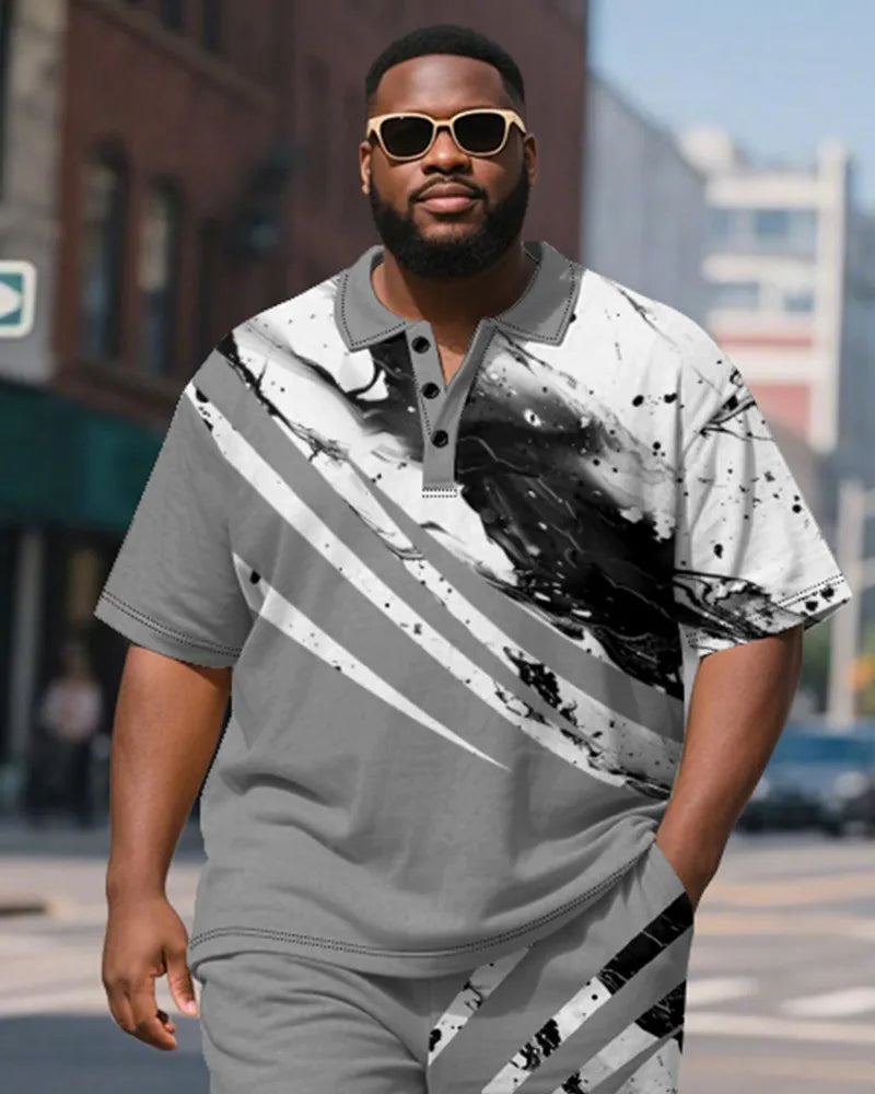 Big & Tall Gray Geometric Graphic Polo Shorts Set for big men view 3