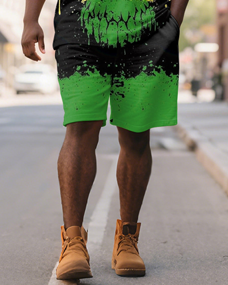 Big & Tall Black Green Colorblock Polo Shorts Set for big men view 3