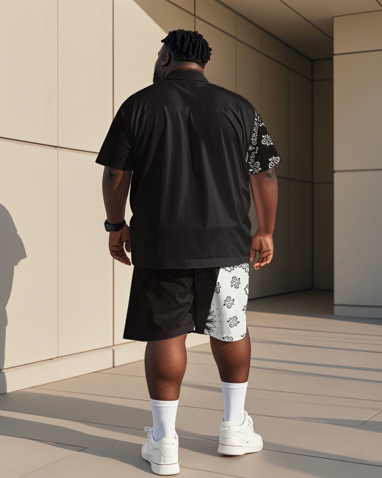 Big & Tall Black White Colorblock T-Shirt Shorts Set for big men view 4