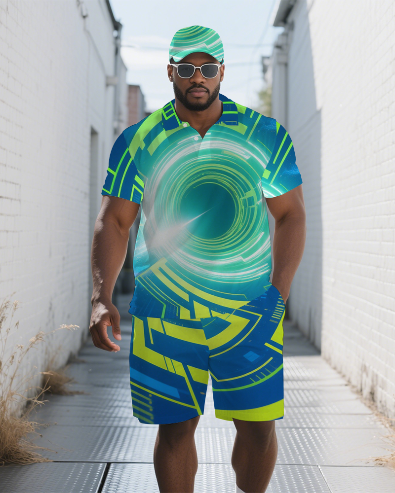 Big & Tall Black Geometric Polo Shorts Set for big men view 2