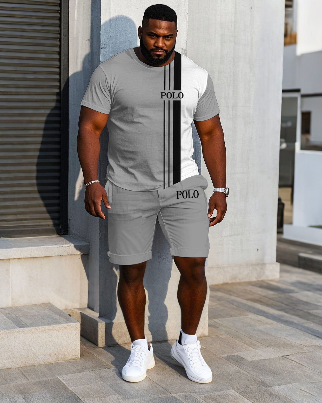 Big & Tall White Gray Colorblock T-Shirt Shorts Set for big men view 1