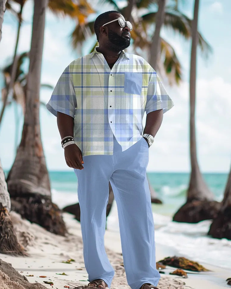 Big & Tall Blue Plaid Graphic T-Shirt Pants Set for big men view 1