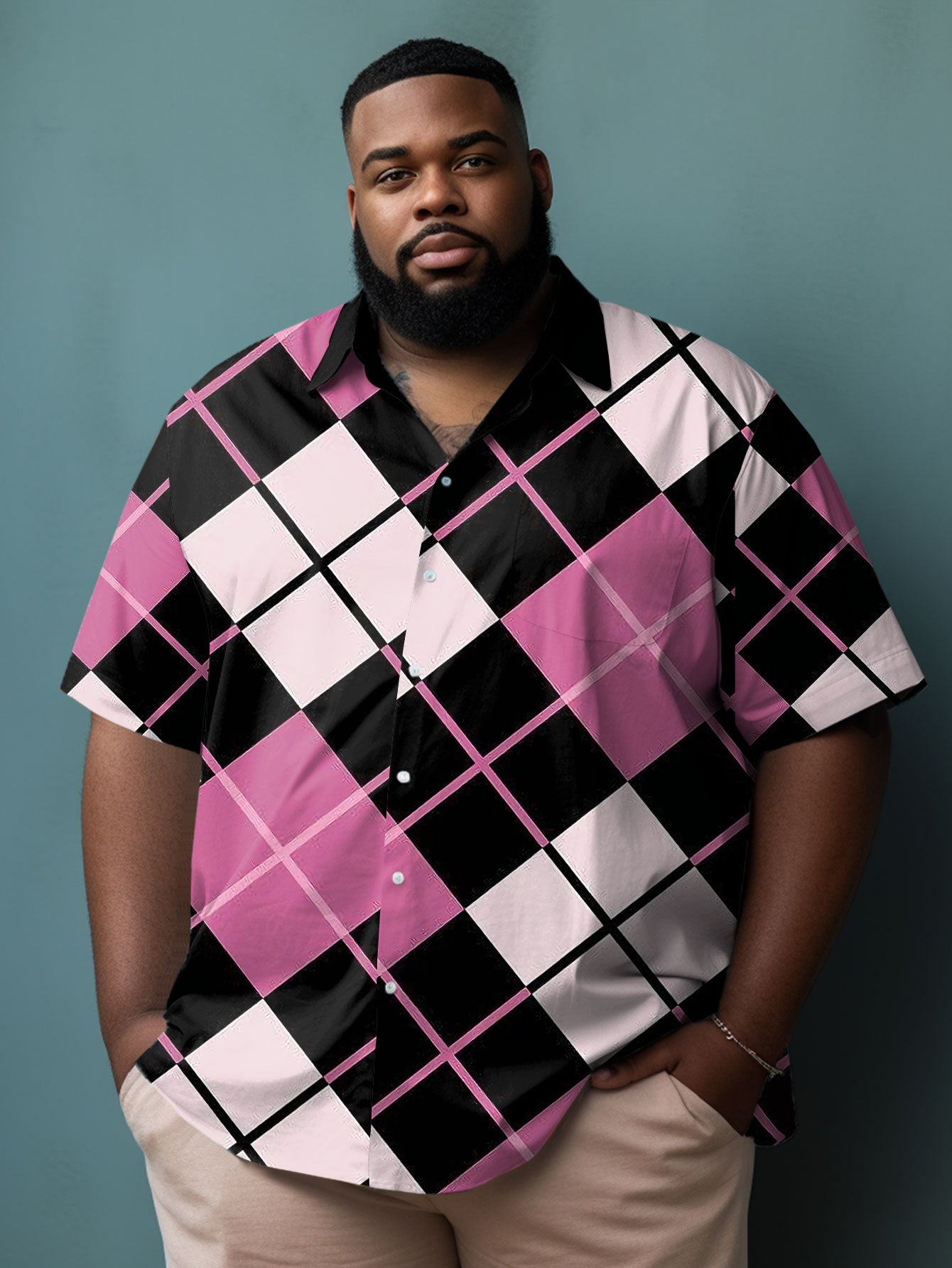 Big & Tall Black Pink Plaid Jeans for big men view 2