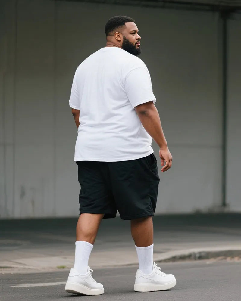 Big & Tall Black White Graphic T-Shirt Shorts Set for big men view 4