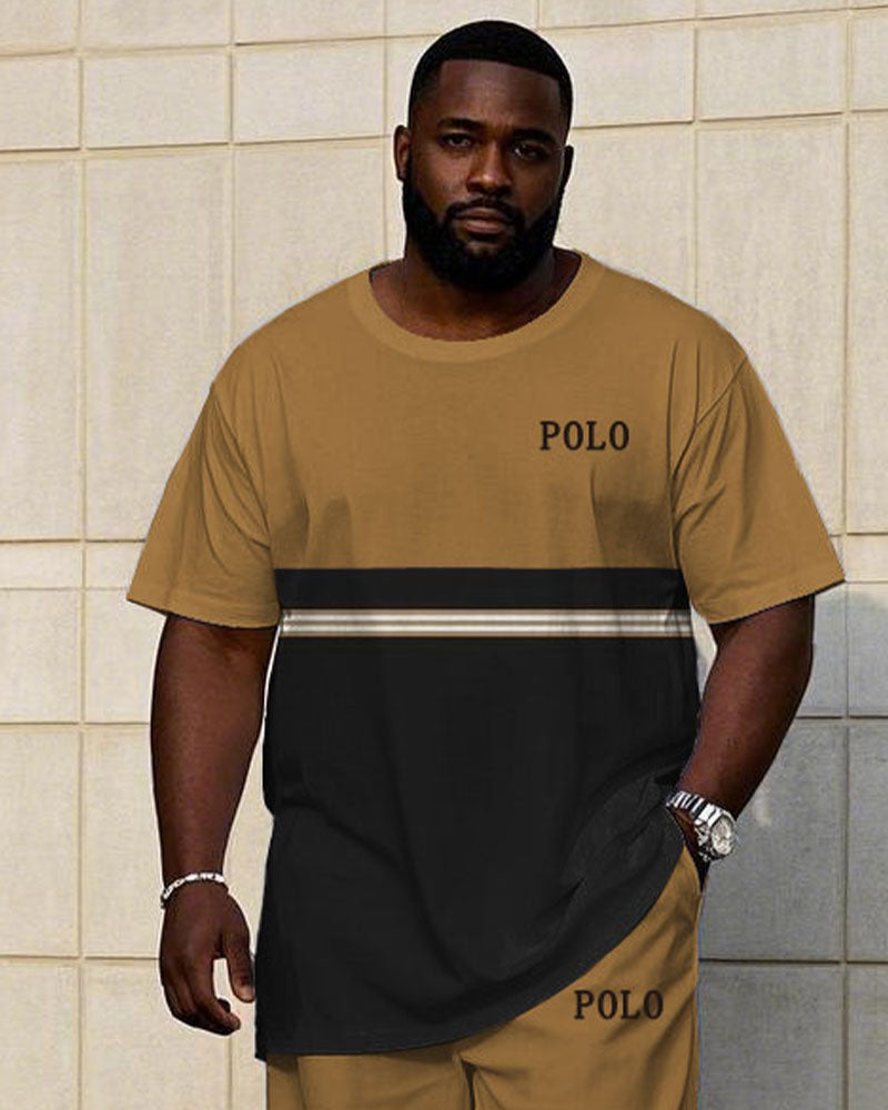 Big & Tall Black Khaki Striped T-Shirt Pants Set for big men view 2