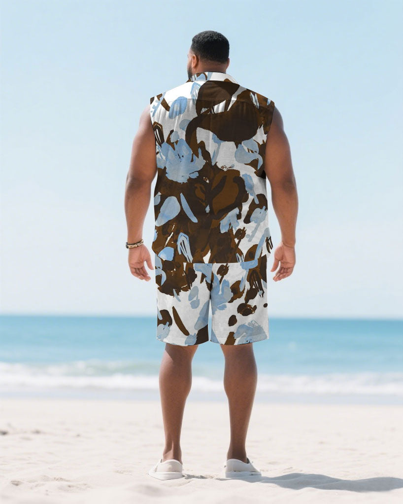 Big & Tall White Brown Hawaiian Shirt Shorts Set for big men view 4