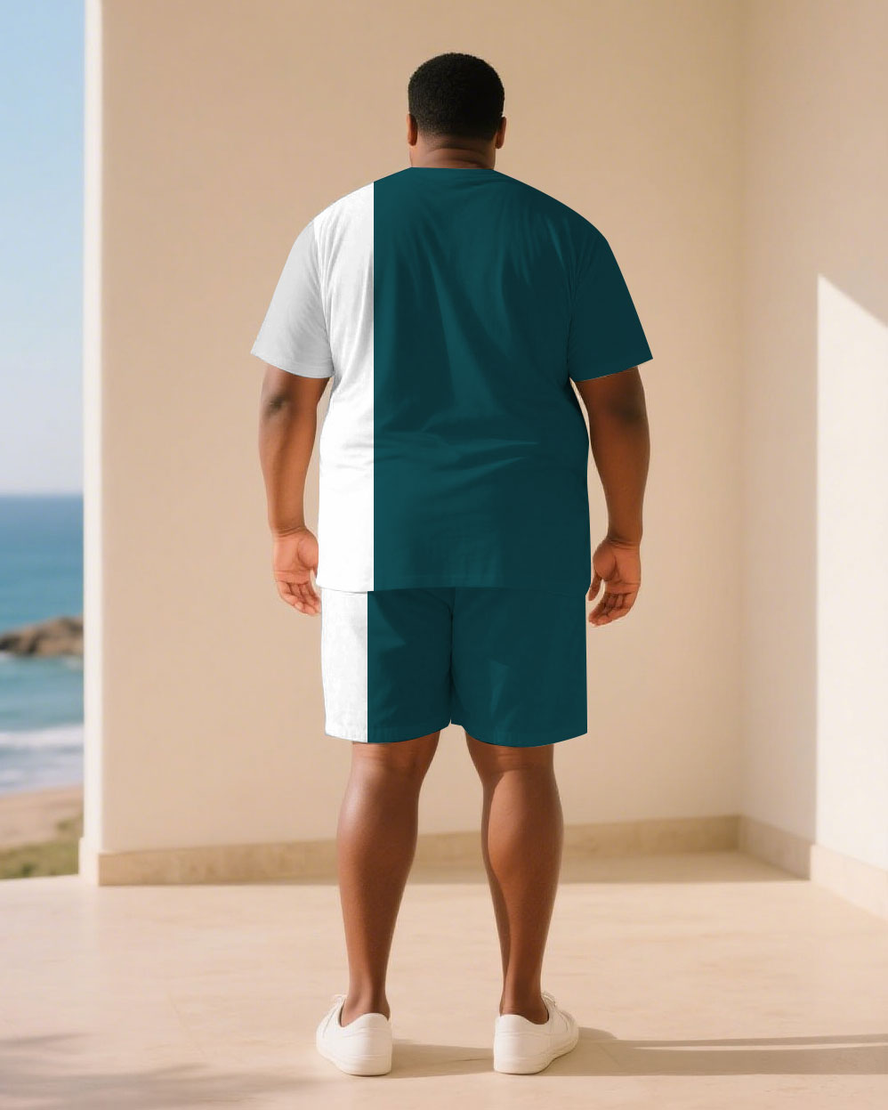 Big & Tall White Green Colorblock T-Shirt Shorts Set for big men view 4