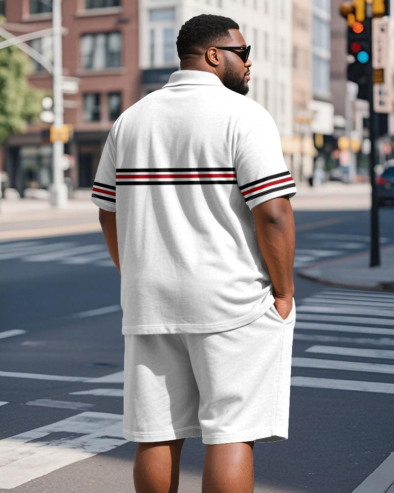 Big & Tall White Striped Graphic Polo Shorts Set for big men view 4