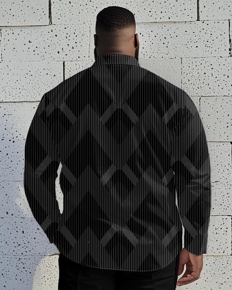 Big & Tall Black Gray Geometric Long Sleeve Shirt for big men view 2
