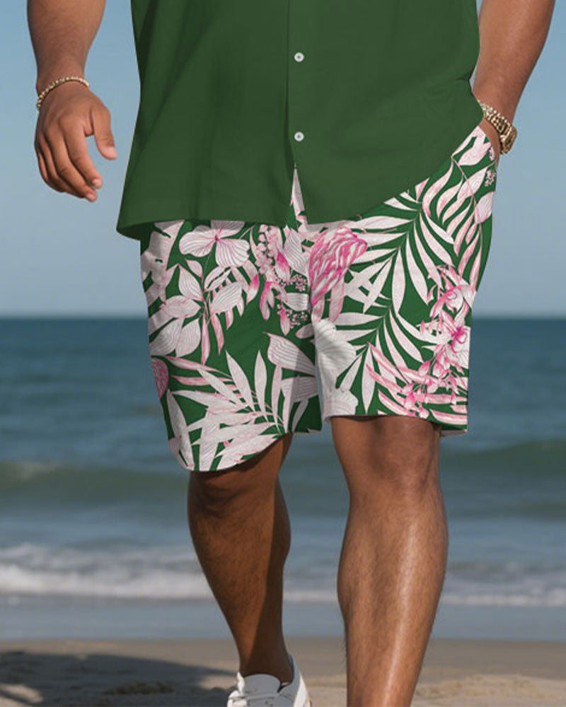 Big & Tall Green Hawaiian T-Shirt Shorts Set for big men view 3